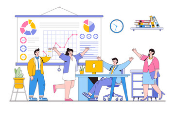 Businesspeople celebrate project development and reach target in office. Business process workflow management. Outline design style minimal vector illustration for landing page, hero images