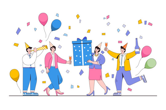 Work celebration concept. Happy people celebrating birthday with confetti, balloons, party hats. Outline design style minimal vector illustration for landing page, infographics, hero images