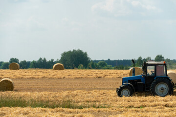 Fototapeta na wymiar Tractor collects hay bales in the fields. A tractor with a trailer baling machine collects straw and makes round large bales for drying and hauling hay. A worker on an agricultural tractor