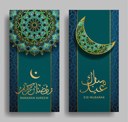 Ramadan greeting banners with traditional floral Arabic pattern (arabesque) and ornate crescent. Text translation: Generous Ramadan and Blessed Festival. Vector illustration.