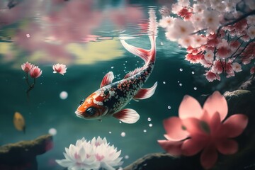 A koi fish on the water surface . Ai. Fish in the lake