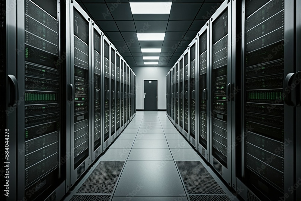 Poster modern data center with computer servers. ai generated, human enhanced.