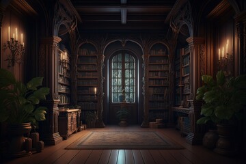 Fototapeta na wymiar Old ornate abandoned Victorian library. AI generated