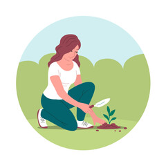 Obraz na płótnie Canvas The girl planted a young green seedling in the ground. In the hand a garden shovel. Gardening outdoors, crop production. Caring for nature and ecology. Vector cartoon illustration