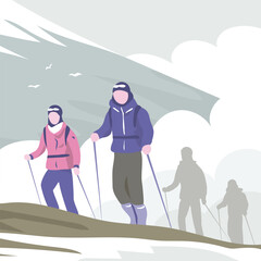 Group of climbers with backpacks on the mountain. Cloud, cold and snow. Adventure, active sport and challenge. Vector illustration