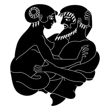 Antique lovers. Ancient Greek couple. Man and woman embracing. Ethnic vase painting style. Black and white negative silhouette.