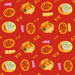 Chinese food seamless pattern. Hand drawn different types of asian food in wooden steamers repeating background. Tasty chinese food, delicious har gao, sticky rice, rolls.