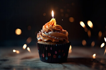 Naklejka na ściany i meble Birthday cupcake with a candle on a wooden table against blurry lights. Place for text. generative AI
