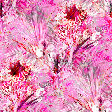 Layered pink mix of tropical silhouettes on seamless pattern and for summer textile design with cotton and palm branches