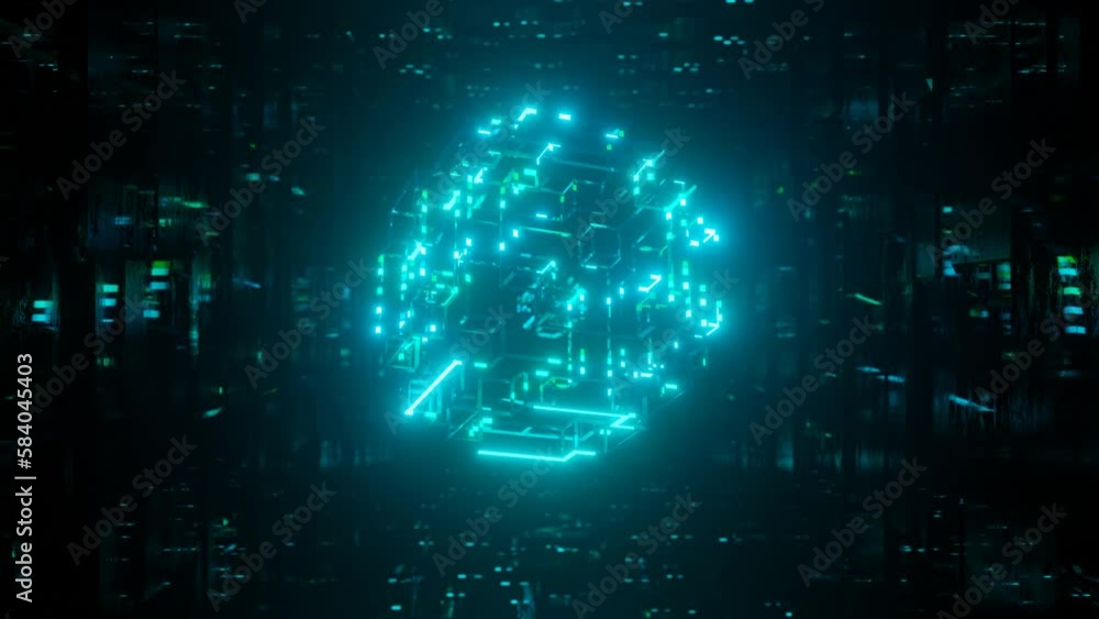 Poster 3d object or structure rotates and moves inside glass mirror tunnel with neon light, bright reflecti