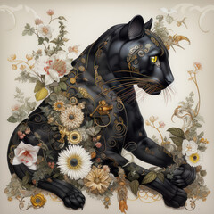 Rococo Black Panther with Flowers, AI