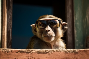 Monkey on house window, wearing a sun glasses