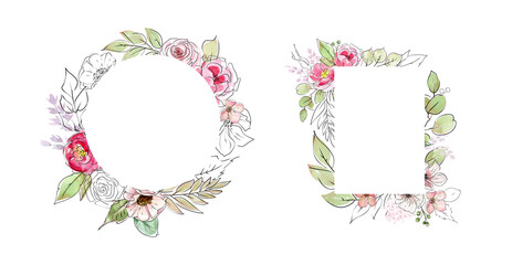 Watercolor wreaths and bouquets with pink flowers and green leaves with linear strokes, Watercolor Florals and Hand Drawn Botanical Elements, Floral arrangement for card, invitation, decoration. 