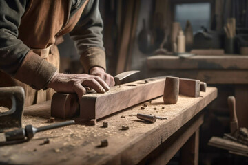 Carpenter working on woodworking machines in carpentry shop. A man works in a carpentry shop