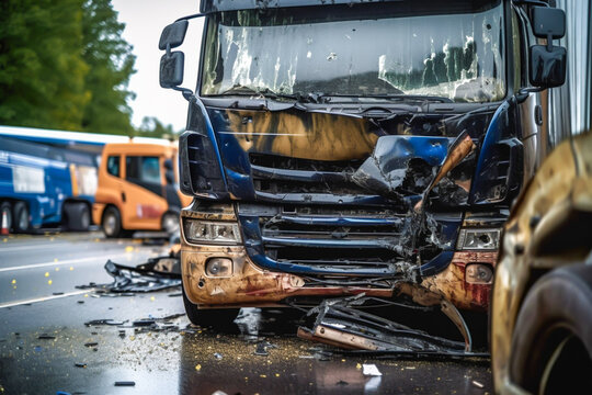 View of a truck damage following a collision, traffic accident, generative ai