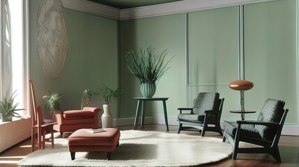a living room with green walls and chairs - Generative AI