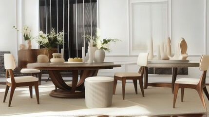 a modern dining room with a round table and chairs - Generative AI