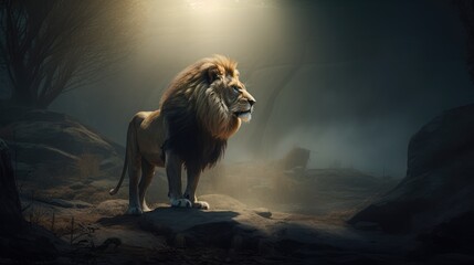 dramatic scene of a lion in a dark forest. Created with generative AI.