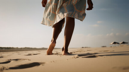 Girl's foot on the beach. Illustration AI Generative.