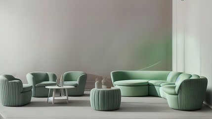 a room with green chairs and a table - Generative AI