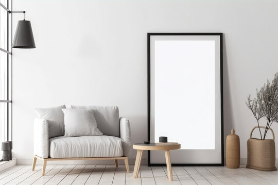 Empty Frame Mockup in Scandinavian style room. Illustration Generative AI © olegganko
