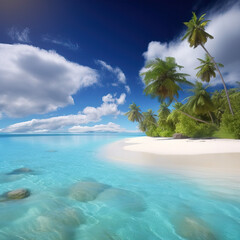 Fototapeta na wymiar Beautiful tropical beach with white sand, palm trees, turquoise ocean against a blue sky with clouds on a sunny summer day. Perfect landscape backdrop for a relaxing holiday, island. generative AI
