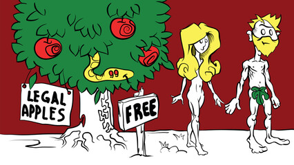 Adam and Eve near the apple tree with legal and free aplles - obrazy, fototapety, plakaty