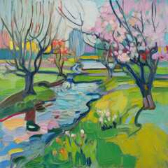 Obraz na płótnie Canvas A Joyous Expressionist Spring Landscape - generative AI