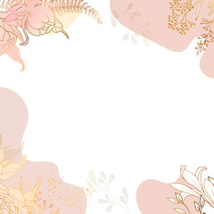 Floral minimal square pink watercolor background. For use in social networks. Watercolor and golden delicate background. Vector illustration.