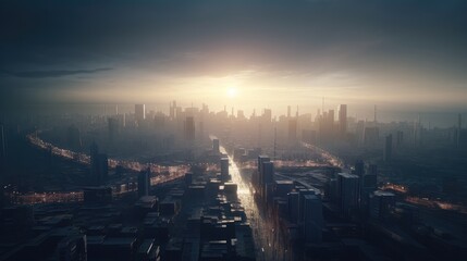 Fototapeta na wymiar futuristic city at sunset. Created with Generative AI.
