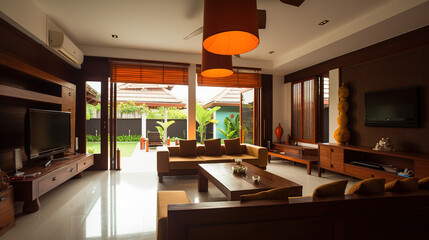 The living room of a modern luxury Balinese house. AI generated. - obrazy, fototapety, plakaty