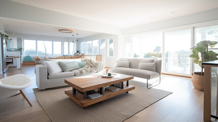 The living room of a bright Californian beach house. AI generated.