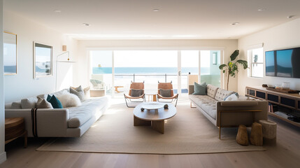 Fototapeta premium The living room of a bright Californian beach house. AI generated.
