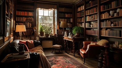 A library room in the interior of a traditional house. AI generated.