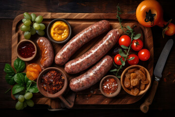 Various types of salami, bacon, grilled sausages on a wooden board. rustic style. generative AI