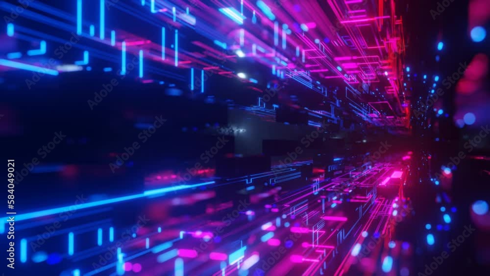 Poster pattern like sci-fi hologram. fly through technology cyberspace with neon glow. sci-fi flight throug