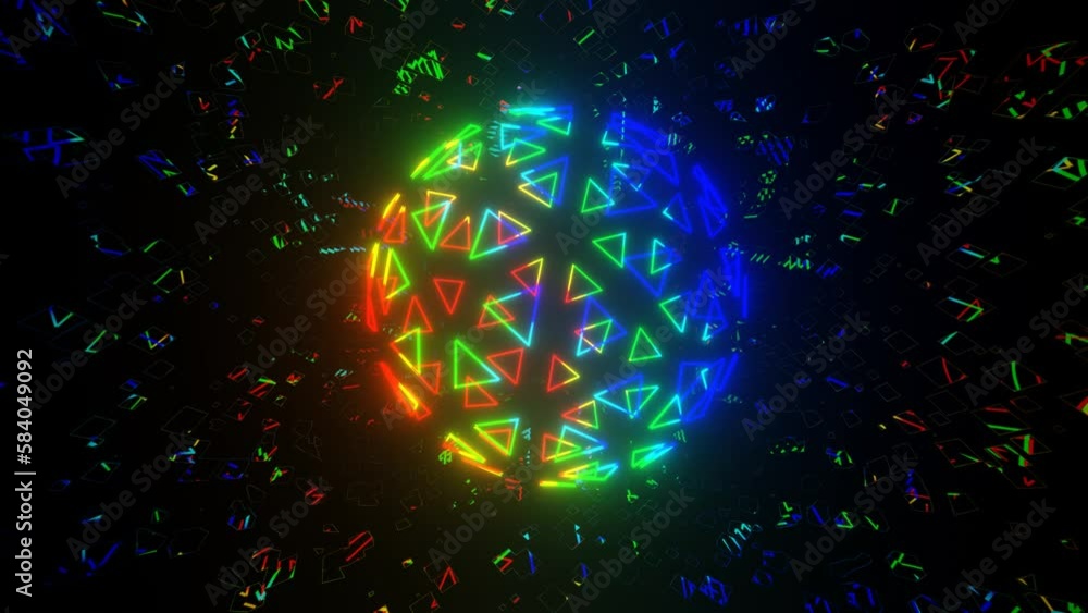 Poster vj loop mirror room with fly neon frame sphere structure. abstract festive bg with bright reflection