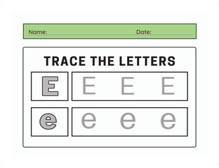 Trace letter E uppercase and lowercase. Alphabet tracing practice preschool worksheet for kids learning. Vector illustration