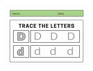 Trace letter D uppercase and lowercase. Alphabet tracing practice preschool worksheet for kids learning. Vector illustration