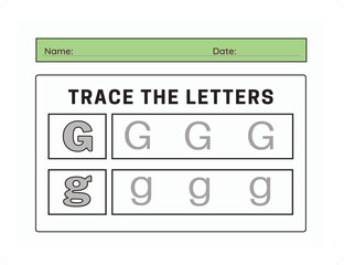 Trace letter G uppercase and lowercase. Alphabet tracing practice preschool worksheet for kids learning. Vector illustration