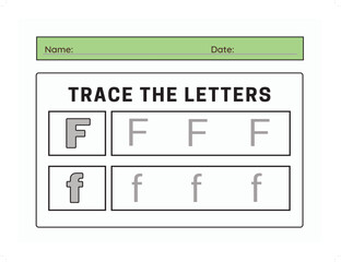 Trace letter F uppercase and lowercase. Alphabet tracing practice preschool worksheet for kids learning. Vector illustration