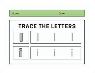 Trace letter I uppercase and lowercase. Alphabet tracing practice preschool worksheet for kids learning. Vector illustration