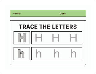 Trace letter H uppercase and lowercase. Alphabet tracing practice preschool worksheet for kids learning. Vector illustration