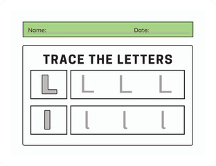 Trace letter L uppercase and lowercase. Alphabet tracing practice preschool worksheet for kids learning. Vector illustration