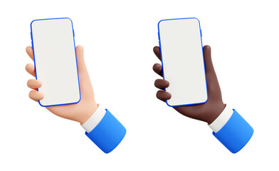 Hand holding mobile phone 3d render illustration set - human hand with telephone with empty screen.