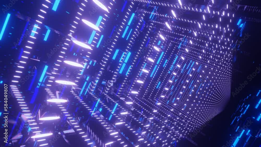 Poster blue hologram. 4k seamless looped animation. fly through mirror tunnel with neon pattern, glow lines
