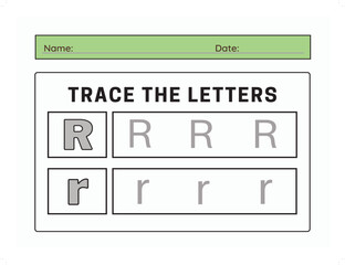 Trace letter R uppercase and lowercase. Alphabet tracing practice preschool worksheet for kids learning. Vector illustration