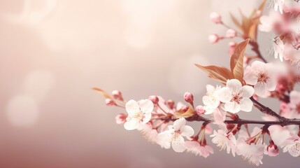 Cherry blossom, blooming cherry branches background with copy space, spring time, generative ai
