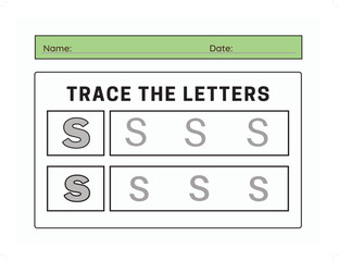 Trace letter S uppercase and lowercase. Alphabet tracing practice preschool worksheet for kids learning. Vector illustration
