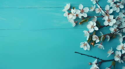 Cherry blossom, blooming cherry branches background with copy space, spring time, generative ai